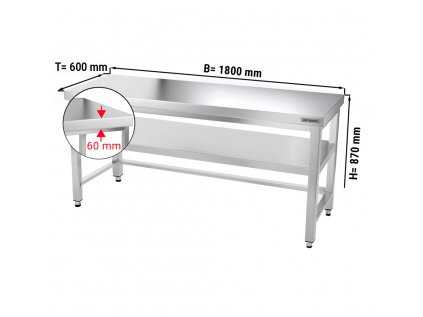 Nerezový pracovní stůl PREMIUM se spodní policí bez zadního lemu - 1800 x 600 x 870 mm