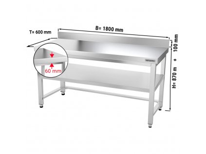 Nerezový pracovní stůl PREMIUM se spodní policí a zadním lemem - 1800 x 600 x 870 mm
