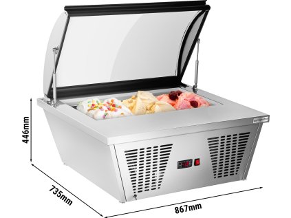 Stolní vitrína na zmrzlinu - 870mm - statická - pro 4x 5L nádoby - klenutý kryt - otevírání krytu na straně zákazníka