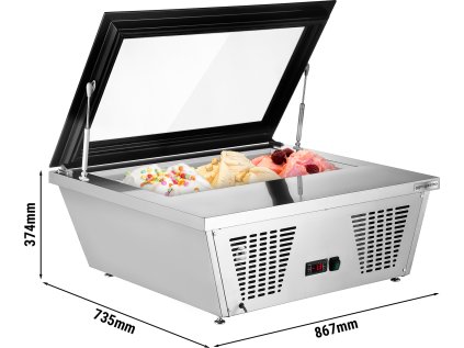 Stolní vitrína na zmrzlinu - 870mm - statická - pro 4x 5L nádoby - rovný kryt - otevírání krytu na straně zákazníka