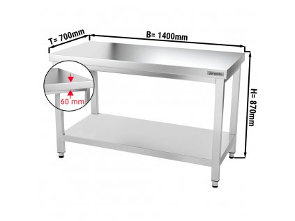 Nerezový pracovní stůl PREMIUM se spodní policí bez zadního lemu - 1400 x 700 x 870 mm