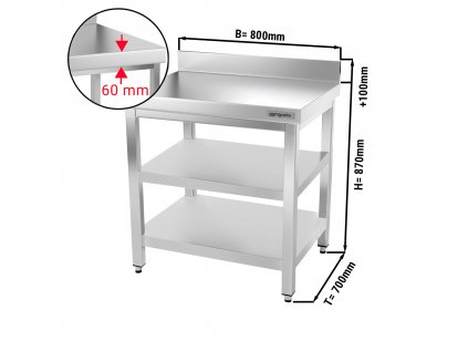 Nerezový pracovní stůl PREMIUM s dvěma policemi a zadním lemem - 800 x 700 x 970 mm