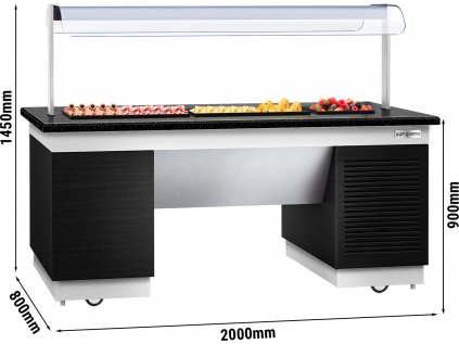 Jídelní pult studený - s chladicí deskou a kolečky - 2000 mm - s LED osvětlením - granit - vzhled dřeva