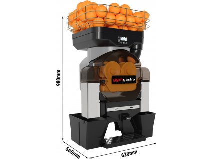 Elektrický lis na pomeranče – stříbrný – automatické podávání – Zahrnuje vypouštěcí kohoutek a režim čištění
