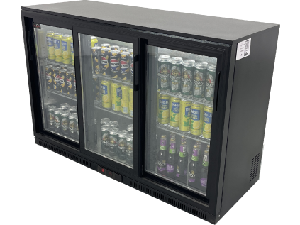 Barová lednice - 1350 x 540 x 900 mm,  se 3 skleněnými dveřmi a 2 policemi - černá