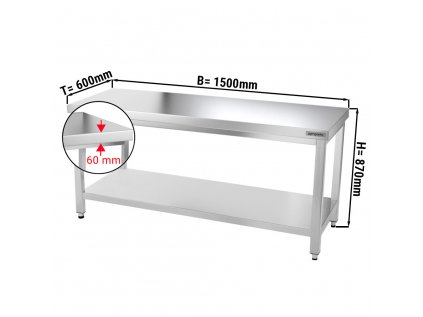 Nerezový pracovní stůl PREMIUM se spodní policí bez zadního lemu - 1500 x 600 x 870 mm