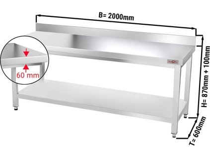 Nerezový pracovní stůl ECO se spodní policí a zadním lemem - 2000 x 600 x 870 mm
