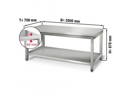 Nerezový pracovný stôl ECO so spodnou policou bez zadného lemu - 2000 x 700 x 870 mm