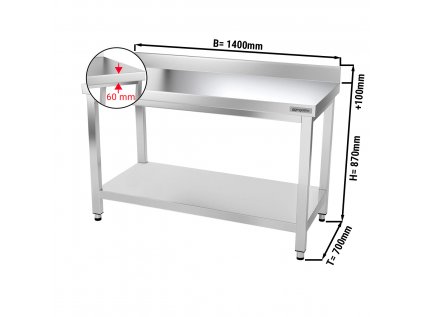 Nerezový pracovný stôl PREMIUM so spodnou policou a zadným lemom - 1400 x 700 x 970 mm