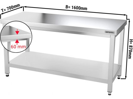 Nerezový pracovní stůl PREMIUM se spodní policí bez zadního lemu - 1600 x 700 x 870 mm