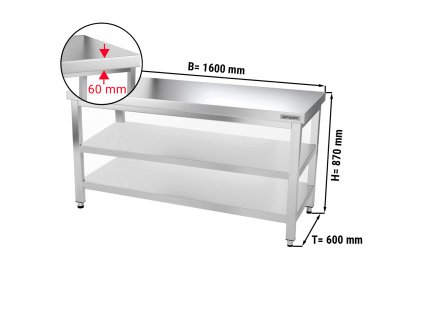 Nerezový pracovní stůl PREMIUM s dvěma policemi bez zadního lemu - 1600 x 600 x 870 mm