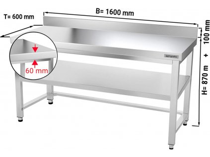 Nerezový pracovní stůl PREMIUM se spodní policí a zadním lemem - 1600 x 600 x 870 mm