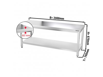 Nerezový pracovný stôl PREMIUM so spodnou policou bez zadného lemu - 2000 x 700 x 870 mm