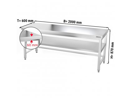 Nerezový pracovný stôl PREMIUM so spodnou policou bez zadného lemu - 2000 x 600 x 870 mm