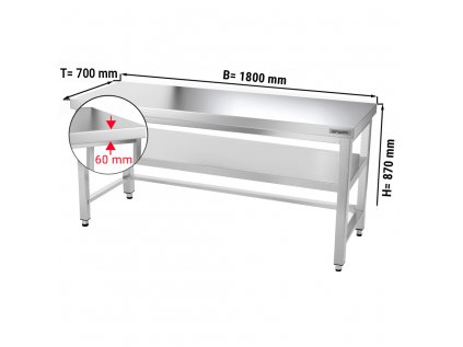 Nerezový pracovní stůl PREMIUM se spodní policí bez zadního lemu - 1800 x 700 x 870 mm