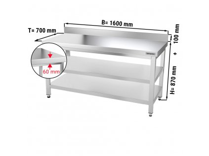 PREMIUM stôl pracovný nerezový s dvoma policami a zadným lemom - 1600 x 700 x 970 mm