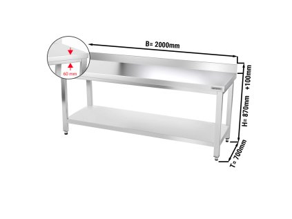 Nerezový pracovný stôl PREMIUM so spodnou policou a zadným lemom - 2000 x 700 x 870 mm
