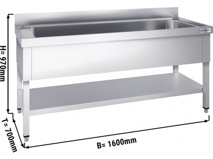Nerezový dřez na černé nádobí se spodní policí 1,6 m, 1 umyvadlo, hloubka 70 cm