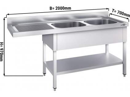 Nerezový dřez k myčce nádobí 2,0 m, 2 umyvadla vpravo, hloubka 70 cm