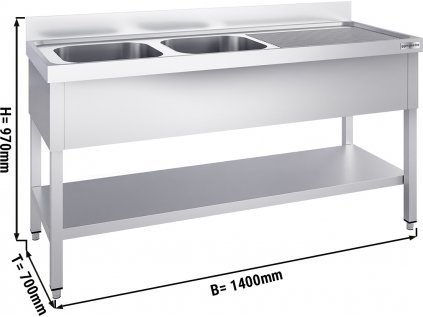 Nerezový dřez se spodní policí 1,4 m, 2 umyvadla vlevo, hloubka 70 cm