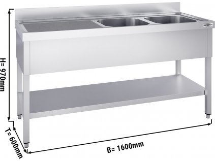 Nerezový dřez se základnou 1,6 m, 2 umyvadla vpravo, hloubka 60 cm