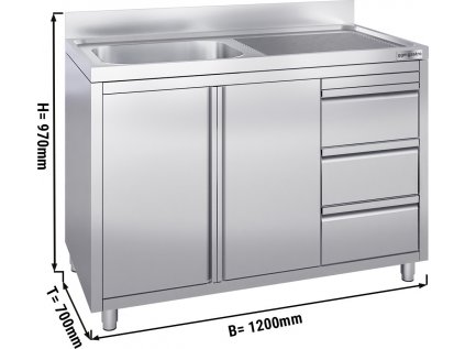 Nerezový dřez se třemi zásuvkami 1,2 m, 1 dřez vlevo, s křídlovými dveřmi, hloubka 70 cm