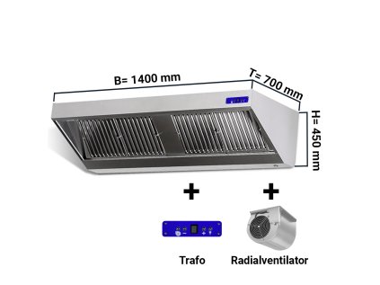 Nástěnná digestoř 1,4 m - s motorem, ovladačem, filtrem a světlem hloubka 700 mm