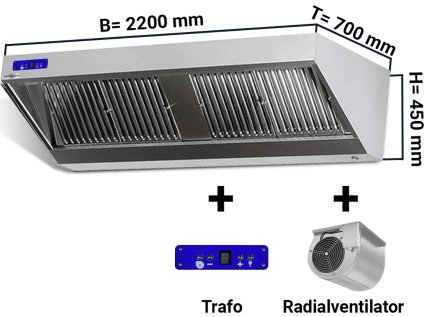 Nástěnná digestoř 2,2 m - s motorem, ovladačem, filtrem a světlem- hloubka 700 mm