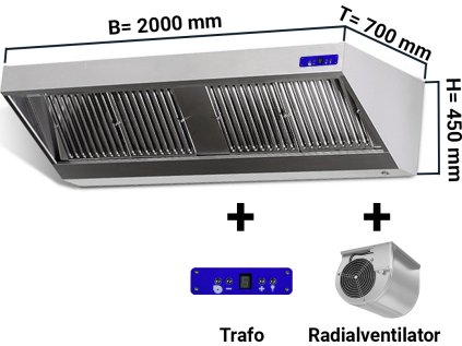 Nástěnná digestoř 2,0 m - s motorem, ovladačem, filtrem a světlem- hloubka 700 mm