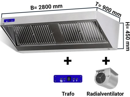 Nástěnná digestoř 2,8 m - s motorem, ovladačem, filtrem a světlem- hloubka 900 mm