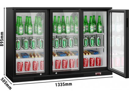Barová chladnička - 1335 x 505 x 895 mm, s 3 sklenenými dverami a 2 policami - čierna
