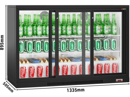 Barový chladiaci stôl – 1,33 m – 320 litrov – s 3 posuvnými dvierkami a 2 policami – čierny