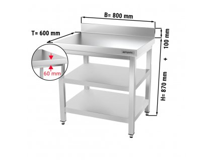 Nerezový pracovný stôl PREMIUM s dvoma policami a zadným lemom - 800 x 600 x 970 mm