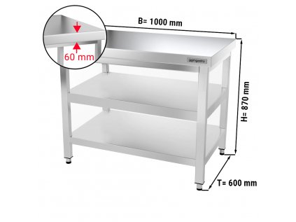 Nerezový pracovný stôl PREMIUM s dvoma policami bez zadného lemu - 1000 x 600 x 870 mm