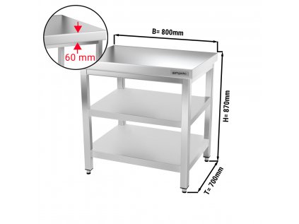 Nerezový pracovný stôl PREMIUM s dvoma policami bez zadného lemu- 800 x 700 x 870 mm