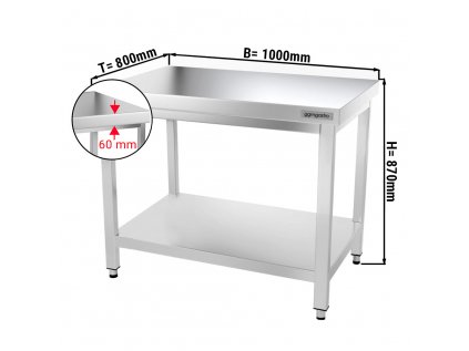 Nerezový pracovný stôl PREMIUM so spodnou policou bez zadného lemu - 1000 x 800 x 870 mm