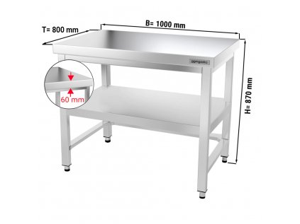 Nerezový pracovní stůl PREMIUM se spodní policí bez zadního lemu - 1000 x 800 x 870 mm