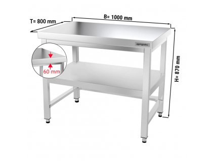 Nerezový pracovný stôl PREMIUM so spodnou policou bez zadného lemu - 1000 x 800 x 870 mm