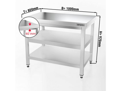 Nerezový pracovní stůl PREMIUM s dvěma policemi bez zadního lemu - 1000 x 800 x 870 mm