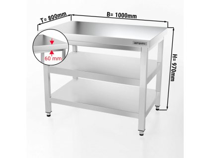 Nerezový pracovný stôl PREMIUM s dvoma policami bez zadného lemu - 1000 x 800 x 870 mm
