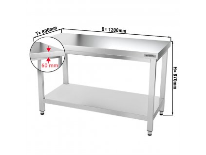 Nerezový pracovný stôl PREMIUM so spodnou policou bez zadného lemu - 1200 x 800 x 870 mm