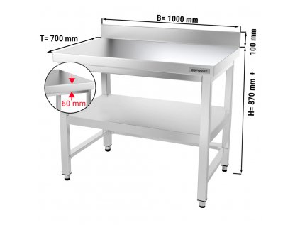 Nerezový pracovní stůl PREMIUM se spodní policí a zadním lemem - 1000 x 700 x 870 mm