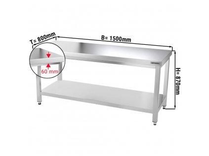 Nerezový pracovní stůl PREMIUM se spodní policí bez zadního lemu - 1500 x 800 x 870 mm