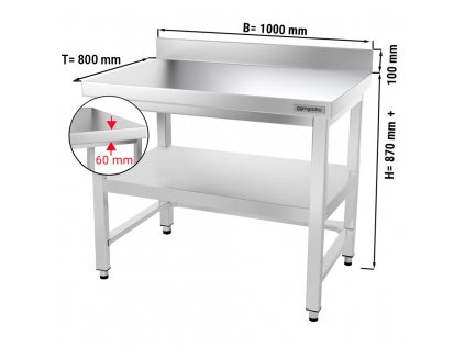 Nerezový pracovní stůl PREMIUM se spodní policí a zadním lemem - 1000 x 800 x 970 mm