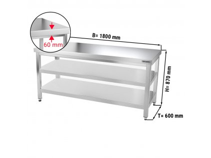 Nerezový pracovní stůl PREMIUM s dvěma policemi bez zadního lemu - 1800 x 600 x 870 mm