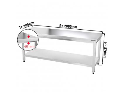 Nerezový pracovný stôl PREMIUM so spodnou policou bez zadného lemu - 2000 x 600 x 870 mm