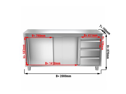 Nerezová pracovní skříň PREMIUM - 2,0 x 0,7 m - se 3 zásuvkami na pravé straně