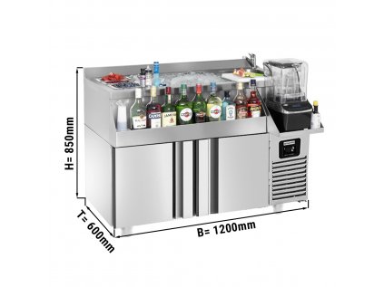 Bar / nápojový chladicí stůl - 1,2 x 0,6 m - 150 litrů - se 2 zásuvkami 1/1 a policemi