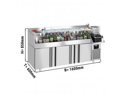 Bar / nápojový chladicí stůl - 1,6 x 0,6 m - 235 litrů - se 3 dvířky 1/1 a policemi
