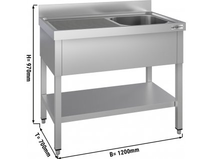 Nerezový drez s policou 1,2 m, 1 umývadlo vpravo, hĺbka 70 cm